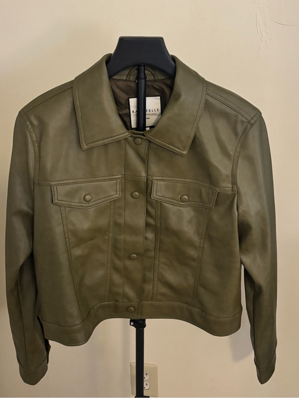 bagatelle Olive-Style Green Leather Jacket with Snap Front